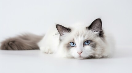 Pretty bicolor Ragdoll cat laying down facing front Looking at camera with dark blue eyes Isolated on a white background : Generative AI