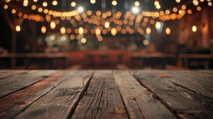 Fototapeta na wymiar The stage area made from aged wood planks sets the perfect scene for live country music or line dancing.