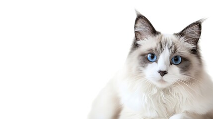 Fototapeta premium Pretty bicolor Ragdoll cat sitting up facing front Looking at camera with dark blue eyes Isolated on a white background : Generative AI