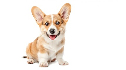 happy Puppy Welsh Corgi 14 Weeks old dog winking panting and sitting isolated on white : Generative AI