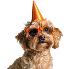 Cute dog with sunglasses and party cone hat, transparent background