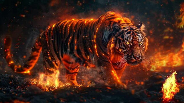 a tiger walking on fire. HD backgrounds. Virtual 4K video animation background with looping time lapse with very smooth graphics.