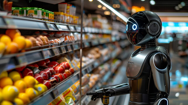 A futuristic robot shopping for groceries in a modern supermarket, symbolizing automation and AI in everyday life.