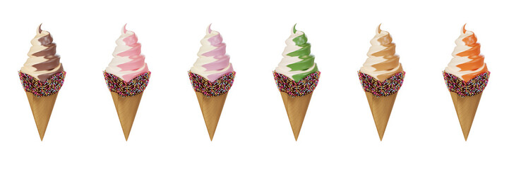 various flavors of two tone soft serve ice cream on chocolate and sprinkles waffle cones isolated on transparent background. 3d illustration.
