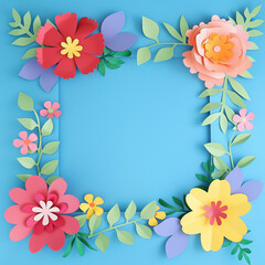 Fototapeta premium a blue background with colorful paper flowers and green leaves on the edges, generative AI