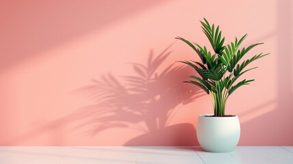 Planta en maceta blanca sobre piso de baldosas blancas contra pared rosa, decoración minimalista y moderna con sombras alargadas