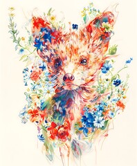  a watercolor illustration of an adorable hedgehog adorned with an array of colorful flowers, t-shirt design, greeting card, tattoo
