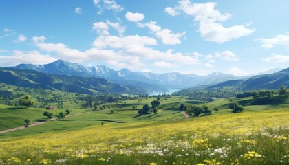 Obraz premium A stunning spring day landscaping views of fertile land surrounded beautiful green vegetation, wide stretches of hills and mountains with clear skies in spring