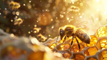 Close-up of a beehive with several bees nesting in a honeycomb hexagonal shape.