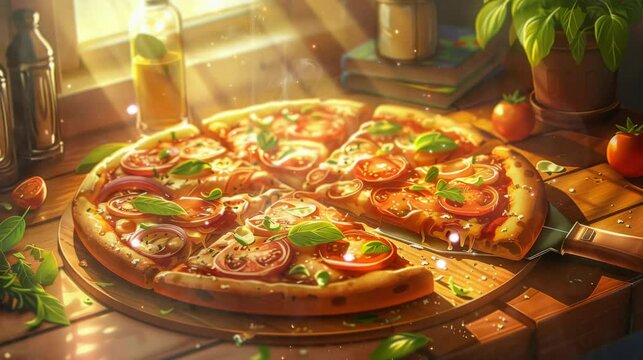 pizza with mushrooms. Virtual 4K video animation background with looping time lapse with very smooth graphics.