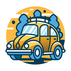 Yellow Vintage Car with Blue Trees and Sunset Background