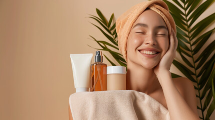 Happy woman enjoying skincare routine with beauty products, wrapped in towel, in front of tropical leaves, on neutral background.