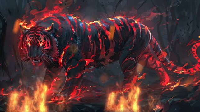 a tiger walking on fire. Virtual 4K video animation background with looping time lapse with very smooth graphics.