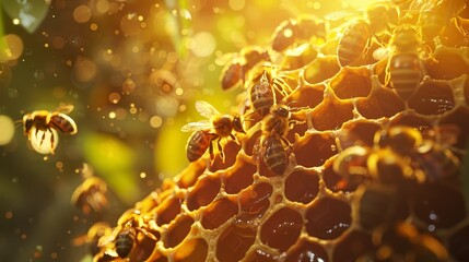 Close-up of a beehive with several bees nesting in a honeycomb hexagonal shape.