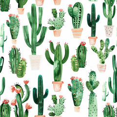 Seamless pattern of various watercolor cacti in pots on white background, perfect for textile, wallpaper, or home decor design.