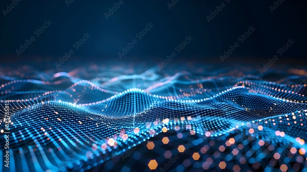 Poster mesmerizing waves of luminous digital particles depicting the dynamism of modern technology and inno