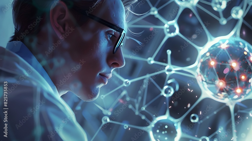 Poster scientist examining molecular structures in a high tech laboratory setting