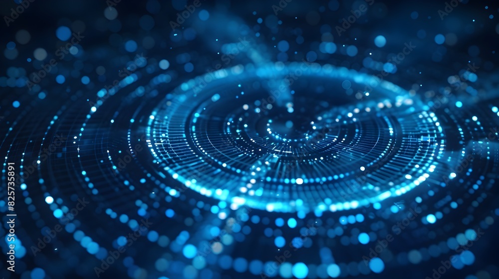 Poster glowing interstellar sphere of interconnected digital particles symbolizing future technology and in