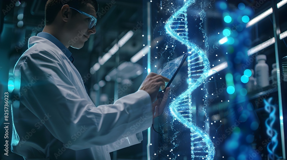 Poster scientist examining futuristic dna molecular structure on digital interface