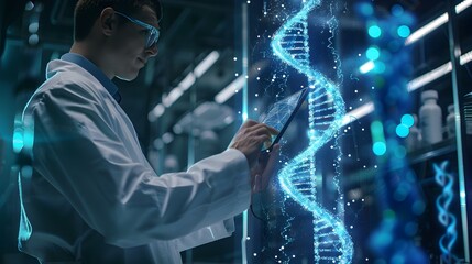 Scientist Examining Futuristic DNA Molecular Structure on Digital Interface