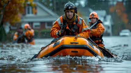 Fototapeta premium The Rescue teams saving Flood victim. Flood diaster.