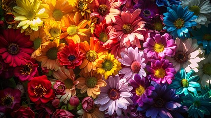 Fototapeta premium A colorful array of blooming flowers arranged in a radiant LGBTQ+ pride flag pattern, each flower glowing with natural brightness, with a sunlit backdrop enhancing the vivid spectrum and symbolizing