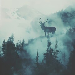 Serene Mountain Mist: Enchanting Double Exposure of Deer Silhouette in Layers of Mysterious Fog
