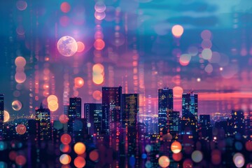 Obraz premium Urban Night Glow: Close-Up Skyscrapers Double Exposure Silhouette with Vibrant Colors and Moonlit Sky