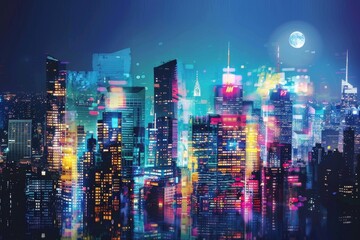 Obraz premium Urban Dreams: Double Exposure City Skyline at Night with Glowing Skyscrapers and Moonlit Silhouette
