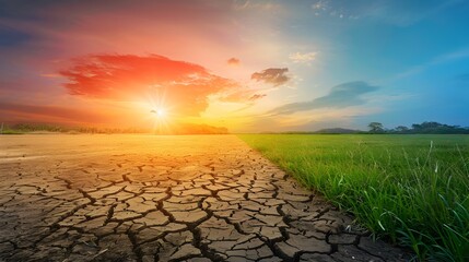 Dramatic Sunset Over Parched Countryside Landscape with Cracked Dry Soil and Lush Green Meadow