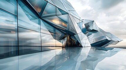 Futuristic building background, skyscraper reflecting city landscape. High tech architecture geometric design of modern contemporary building converging glass and steel, perspective scenic view.