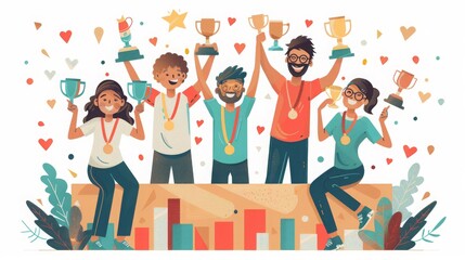 Diverse group of happy people celebrating victory with trophies and medals, symbolizing achievement, teamwork, and success.
