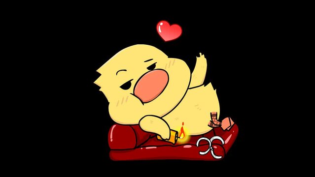 Animated Duck Resting on Red Sofa with Chained Handcuffs - Transparent Background