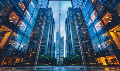 bottom-up view of modern skyscrapers in a bustling city