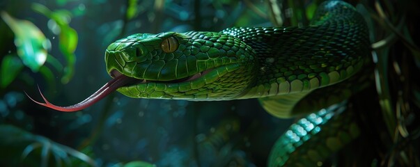 Obraz premium green snake with tongue extended among lush greenery.
