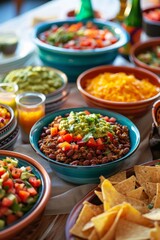 Mexican spread featuring classic dishes like chili con carne tacos tangy tomato salsa and crispy 