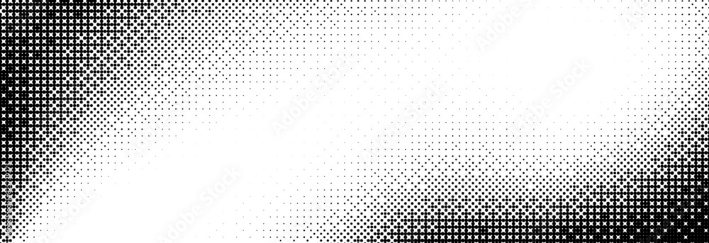 Poster Bitmap pixelated grunge gradient texture. Black and white dither pattern wallpaper. Abstract glitchy 8 bit video game pattern background. Wide rasterized backdrop. Retro pixel art Illustration. Vector
