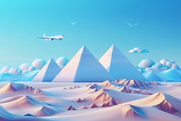 3d illustration of airplane trip to pyramid egypt