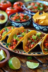 Mexican spread featuring classic dishes like chili con carne tacos tangy tomato salsa and crispy 