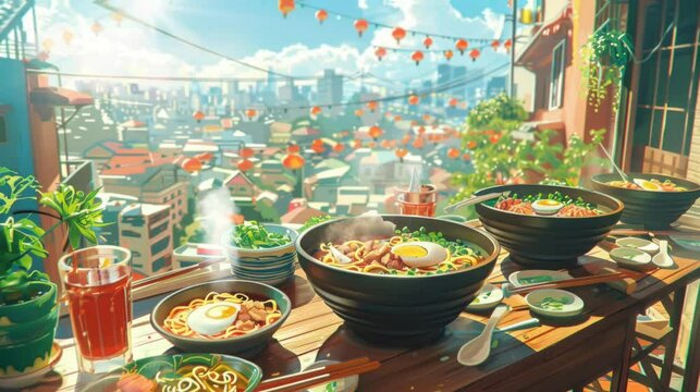 Japanese village atmosphere with a warm bowl of ramen in the morning. Virtual 4K video animation background with looping time lapse with very smooth graphics.