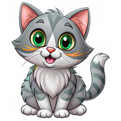 Fototapeta premium A joyful grey cat with big green eyes and orange highlights, sitting contentedly with a cheerful smile, embodying cuteness and friendliness.