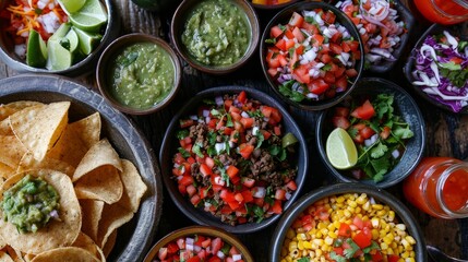 Mexican spread featuring classic dishes like chili con carne tacos tangy tomato salsa and crispy 