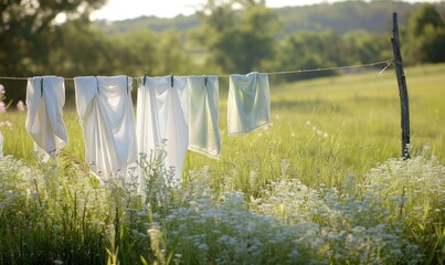 Laundry drying on a line in sunny meadow
