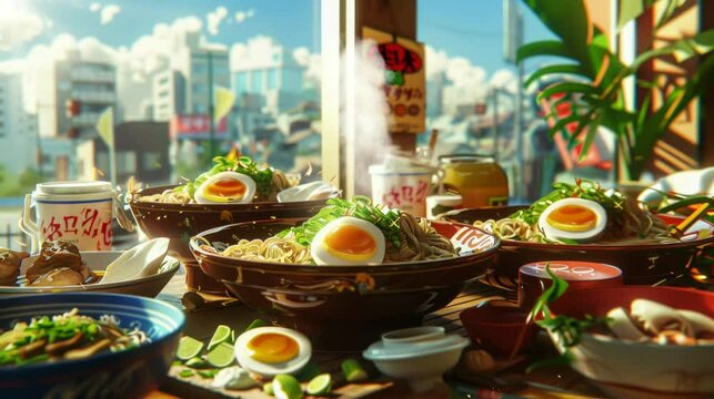 Warm ramen that looks very delicious to eat during the day. Virtual 4K video animation background with looping time lapse with very smooth graphics.