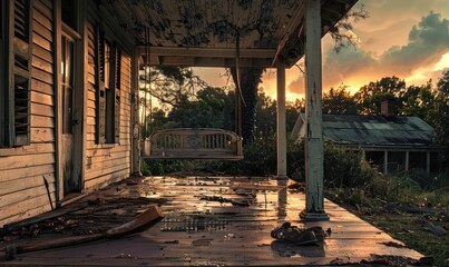serene twilight glow on an old, weathered porch, highlighting nature's encroachment.