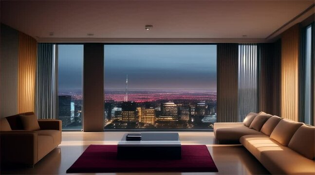 Inside the condominium room with sofa, table, TV, luxurious interior design and windows with views of the buildings below.