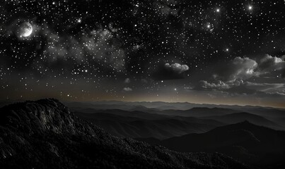 Fototapeta premium nighttime landscape with a full moon illuminating a snow-covered mountain peak under a vast, starry sky.