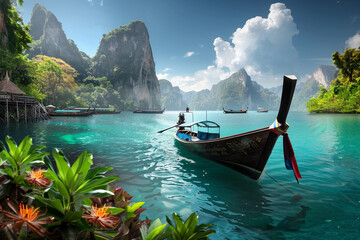 Traditional boat on serene turquoise waters with stunning limestone cliffs in a tropical paradise. - Powered by Adobe