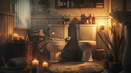Warm, inviting bathroom with candles, plants, and cozy textiles, creating a perfect space for relaxation and comfort.
