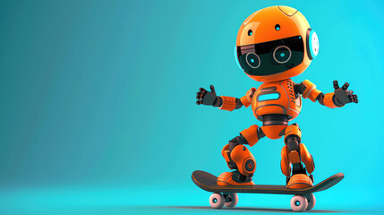 A 3D cute robot skateboarding, with space for text